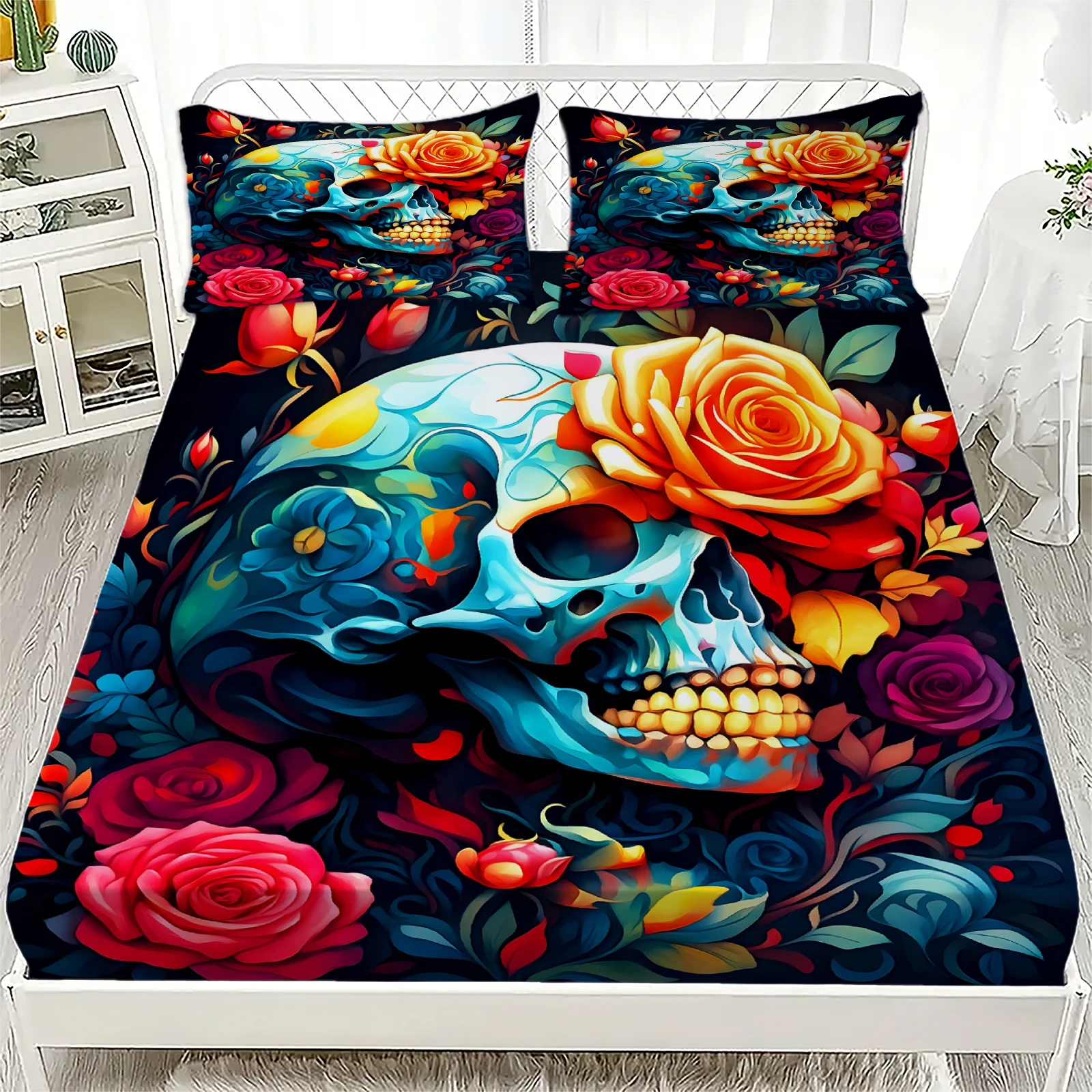 3pcs Fitted Sheet Set Gothic Style Skull Flowers Print 100% Polyester Breathable Bedding Set for Home Decor with 2 Pillowcases thumbnail 2