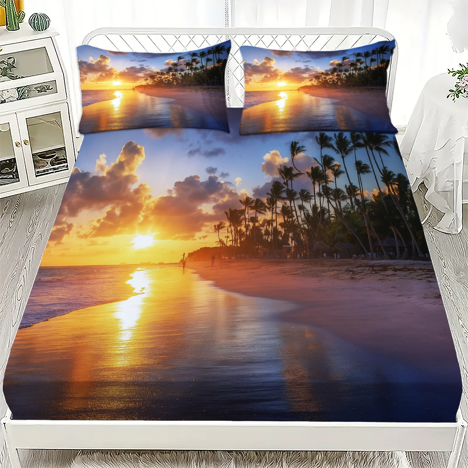 3pcs Fitted Sheet Set Colorful Seaside Blue Waves Print 100% Polyester Breathable Bedding Set for Home Decor with 2 Pillowcases thumbnail 4