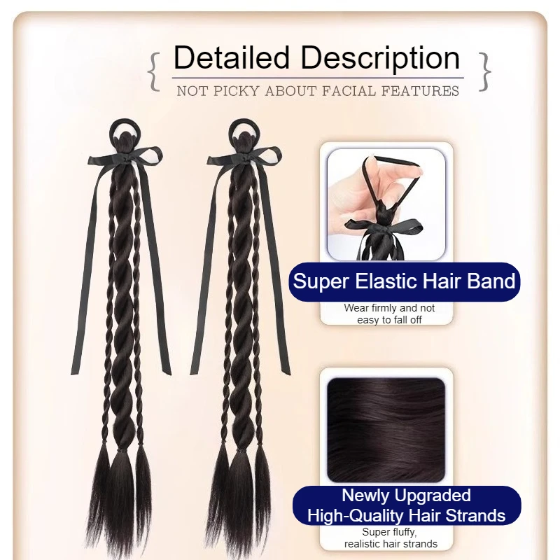 1Pair Double Twisted Braid Hair Rope Ribbon Bow Soft Synthetic False Braided Ponytail Extensions with Hair Ties Women Hairpieces thumbnail 3