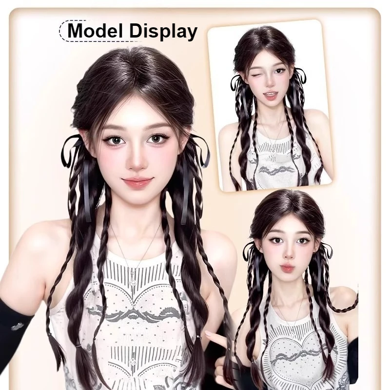 1Pair Double Twisted Braid Hair Rope Ribbon Bow Soft Synthetic False Braided Ponytail Extensions with Hair Ties Women Hairpieces thumbnail 5