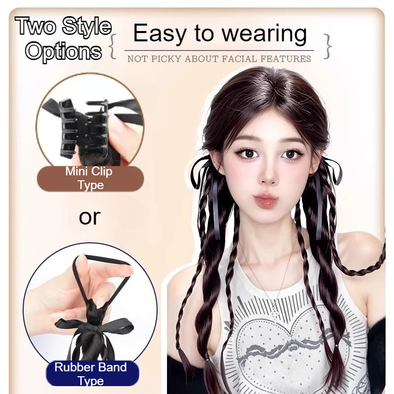 1Pair Double Twisted Braid Hair Rope Ribbon Bow Soft Synthetic False Braided Ponytail Extensions with Hair Ties Women Hairpieces thumbnail 4