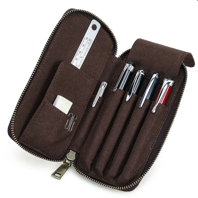 Genuine Leather Pencil Case with 4 Slots Handmade Multifunctional Zipper Fountain Pen Bag Student Stationery Pen Box thumbnail 5