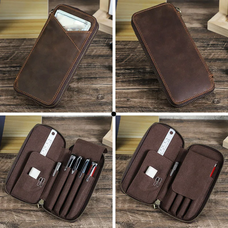 Genuine Leather Pencil Case with 4 Slots Handmade Multifunctional Zipper Fountain Pen Bag Student Stationery Pen Box thumbnail 2