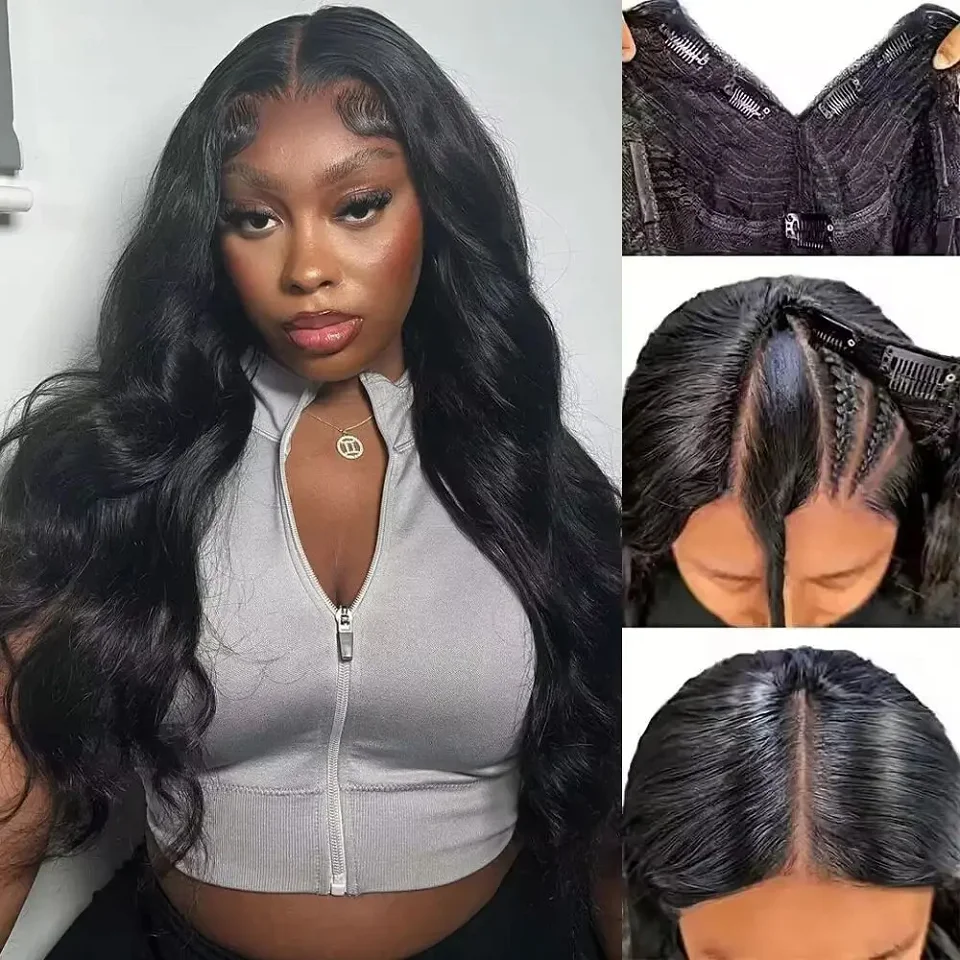 250% V Part Wig Silk Body Wave Human Hair Wigs Peruvian Wavy Virgin Hair Wigs For Black Women U Shape Wig Full Machine Made Wig thumbnail 4