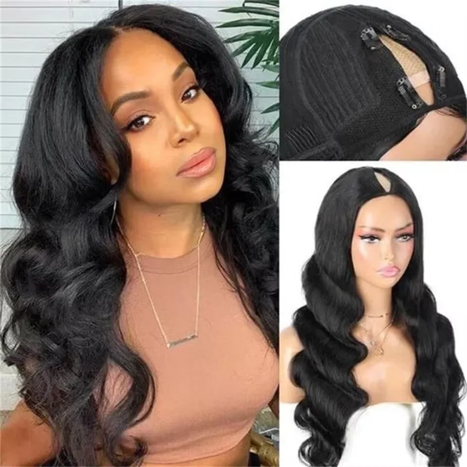 250% V Part Wig Silk Body Wave Human Hair Wigs Peruvian Wavy Virgin Hair Wigs For Black Women U Shape Wig Full Machine Made Wig thumbnail 2
