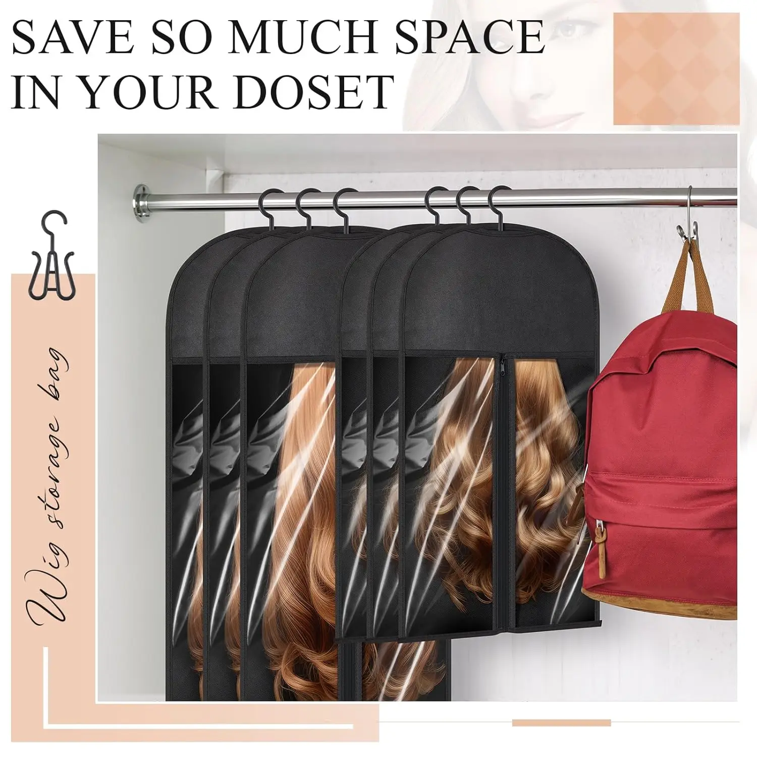 Extra Long Hair Extension Storage Bag with Hanger, Two Sizes for Multiple Wigs, Dust Proof Hanger for Hair Extensions thumbnail 3
