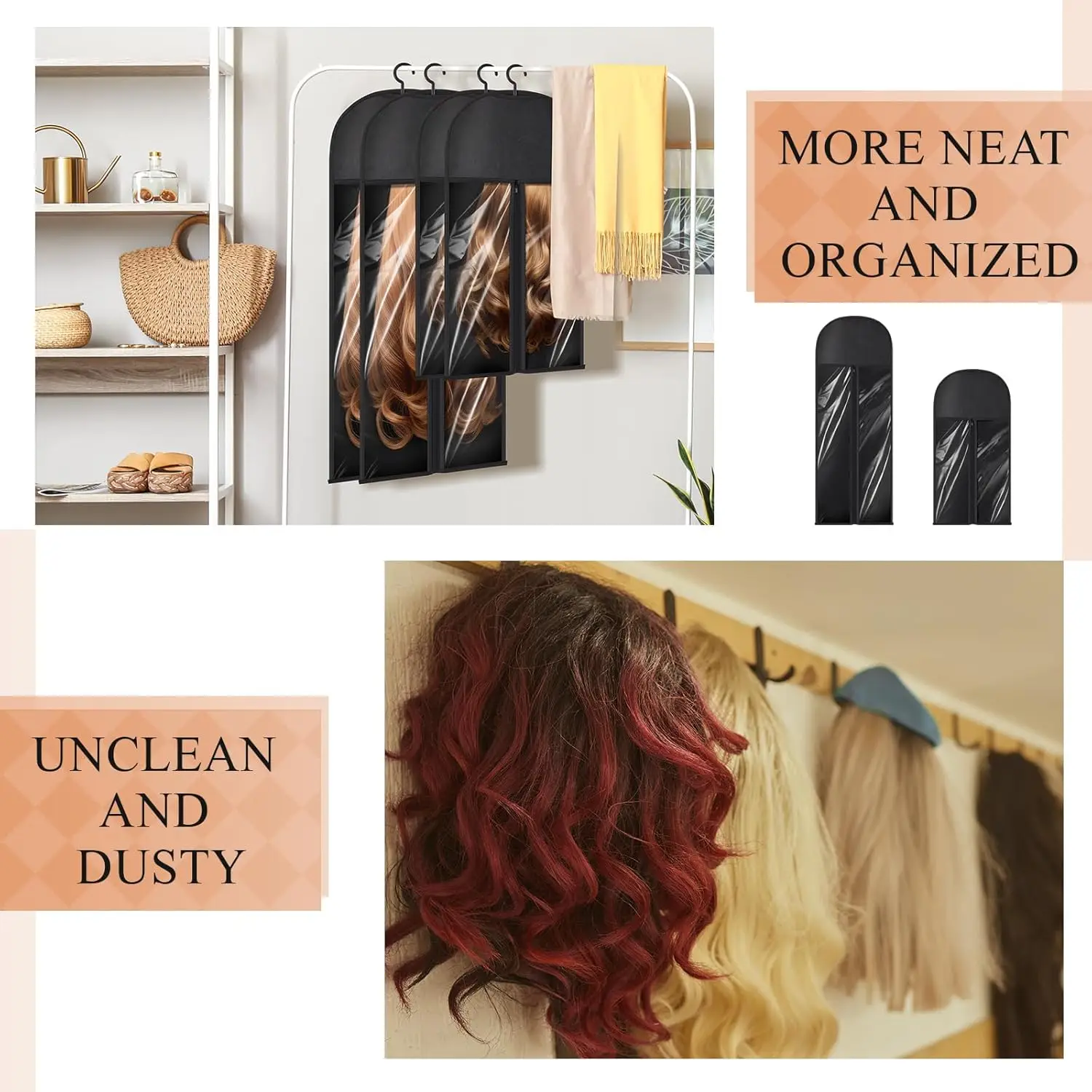 Extra Long Hair Extension Storage Bag with Hanger, Two Sizes for Multiple Wigs, Dust Proof Hanger for Hair Extensions thumbnail 5
