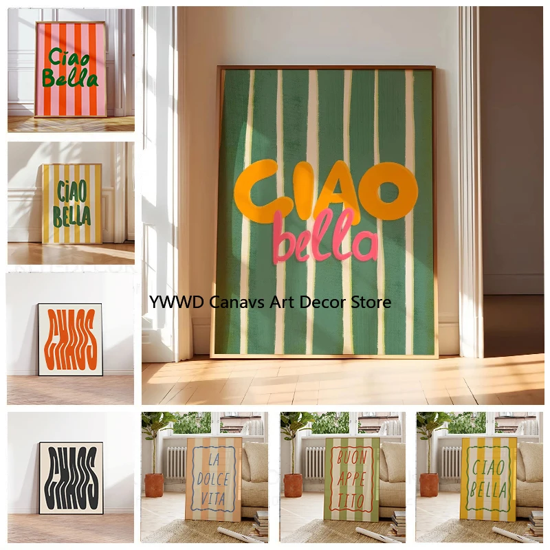 Ciao Bella Sage Green Striped Canvas Print Italy La Dolce Vita Quotation Wall Art Poster for Modern Living Room Y2k Home Decor