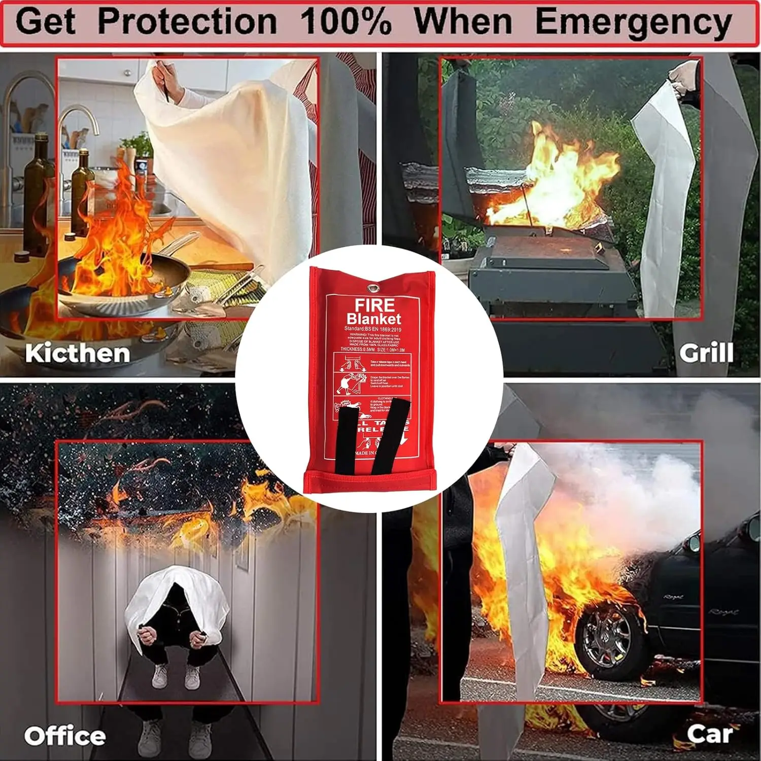 Fire Blanket 1m x 1m Emergency Fire Safety Fiberglass Fireproof Retardant Blanket with Soft Case for Kitchen Home Office Car thumbnail 4