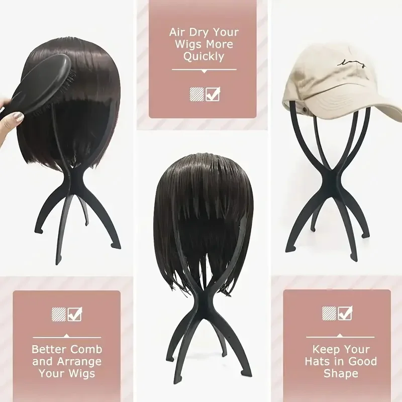 1pcs Black/Pink Color Collapsible Wig Stand Plastic Wig Holder Portable Folding For Styling Display Women Wig thumbnail 6