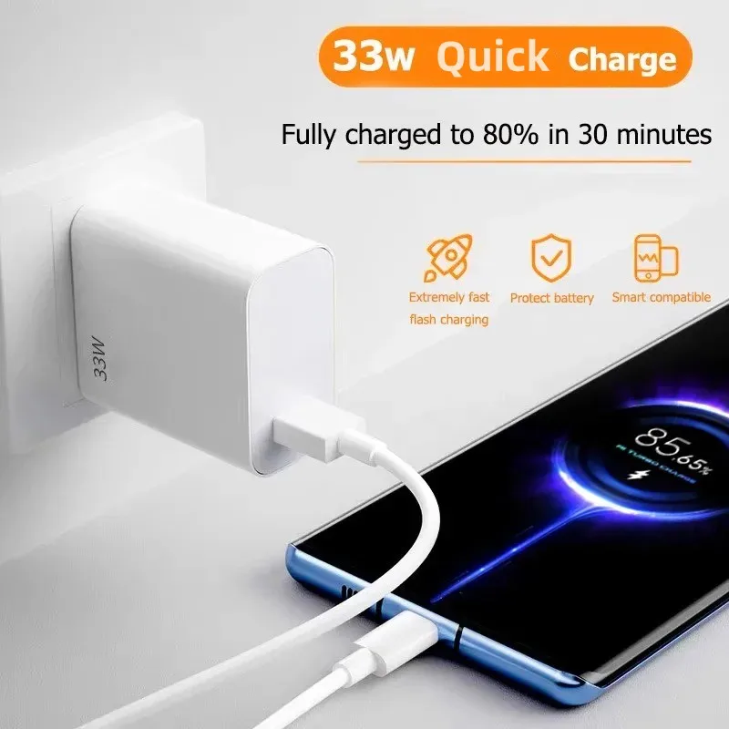 USB Charger 33W Fast Charging EU/US Plug Wall Charger 6A Type C Cable For Xiaomi Redmi K30 K40 iPhone Quick Charge Phone Adapter thumbnail 3