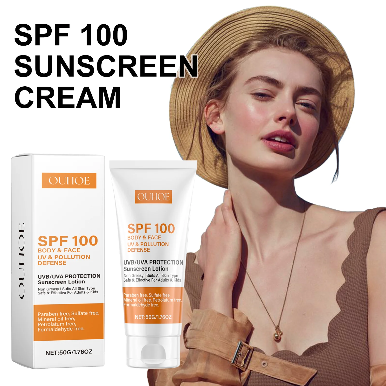 Ouhoe Body and Face Sunscreen Cream SPF 100 Protection UVA UVB Blocker Non Greasy Daily Defense for Summer Outdoor Beach Use 50g