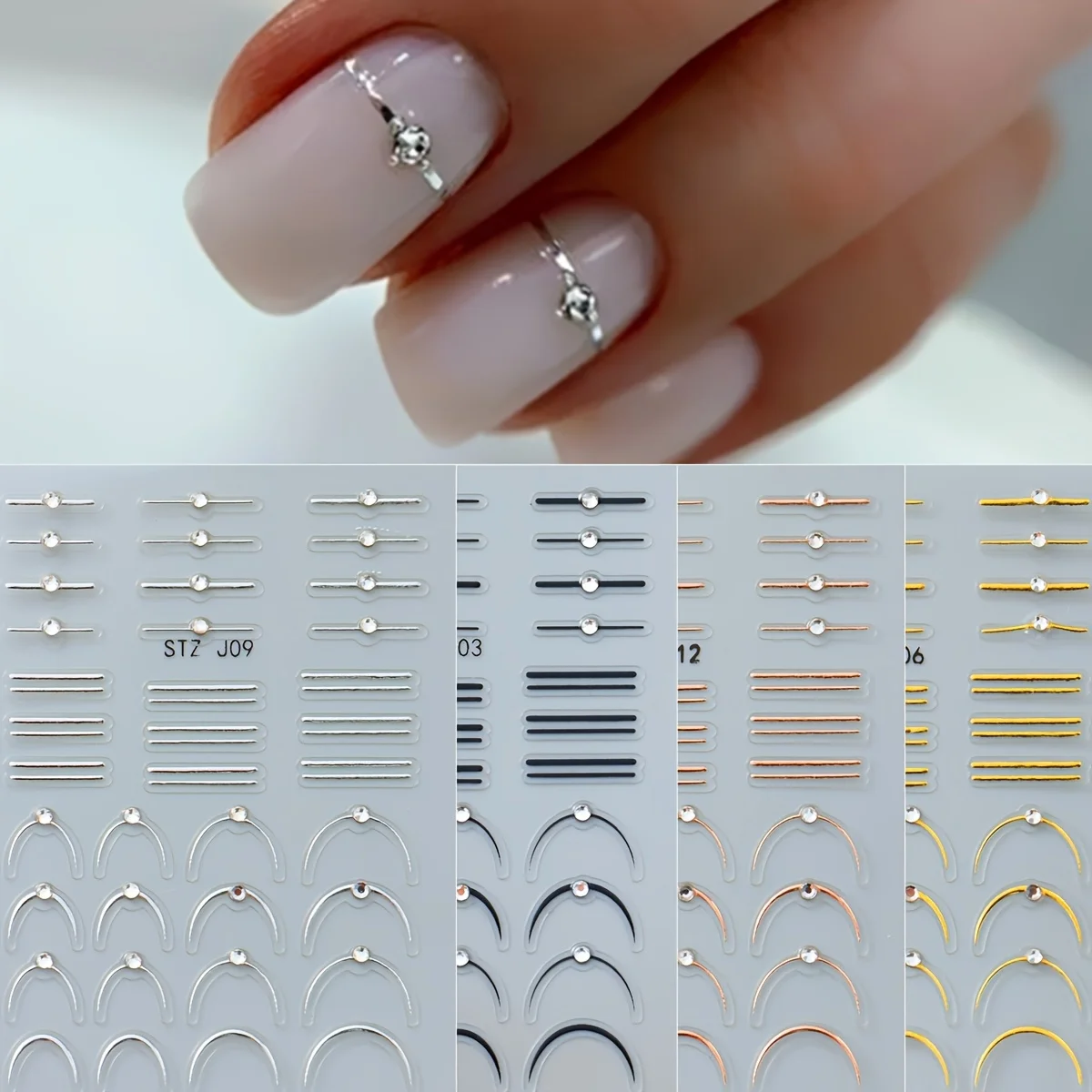 Self Adhesive Nail Stickers French Line Metallic Wave Stripe Rhinestone Elegant Manicure Decals
