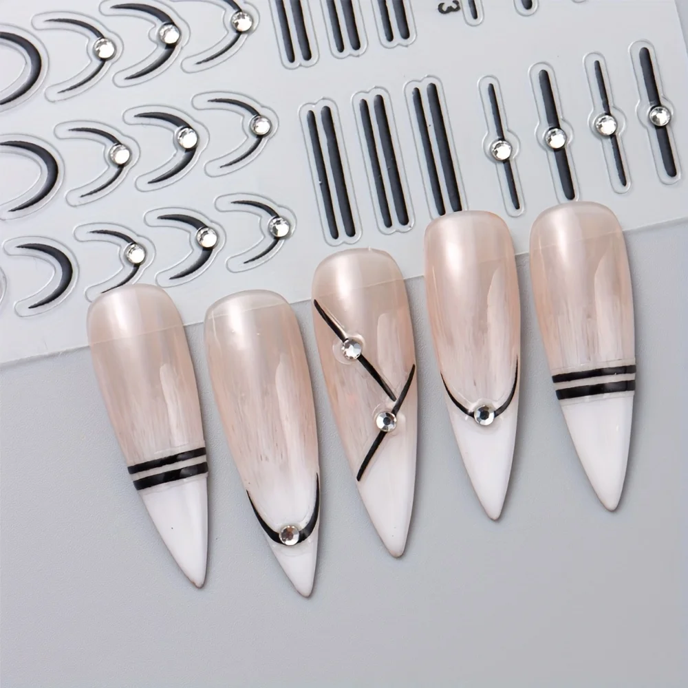 Self Adhesive Nail Stickers French Line Metallic Wave Stripe Rhinestone Elegant Manicure Decals thumbnail 2