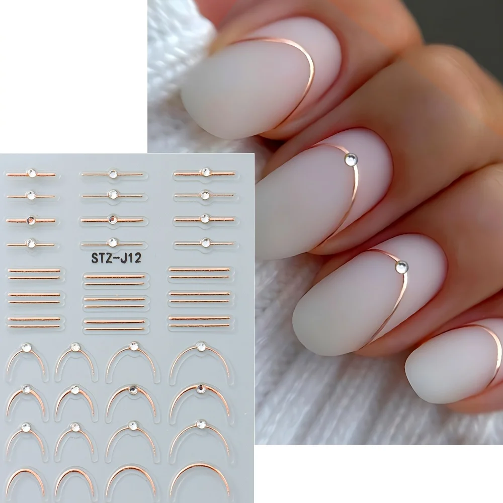 Self Adhesive Nail Stickers French Line Metallic Wave Stripe Rhinestone Elegant Manicure Decals thumbnail 6