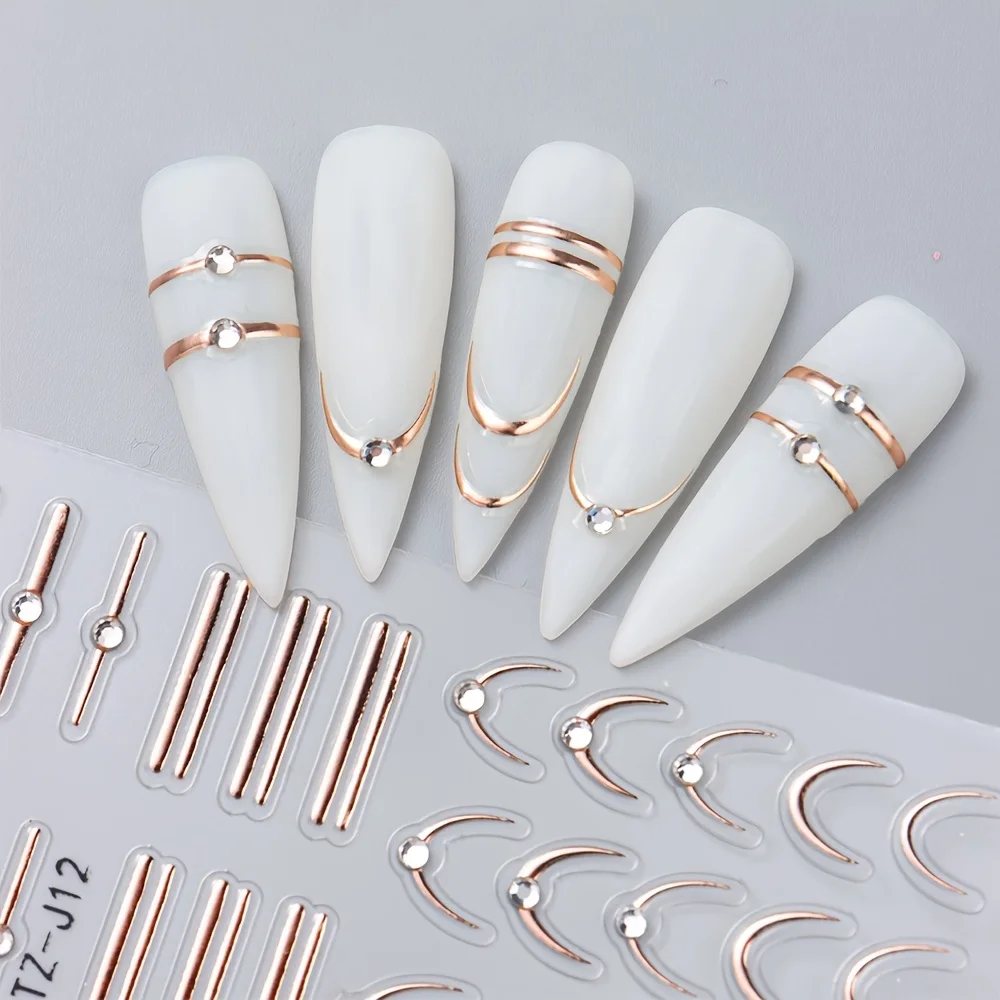 Self Adhesive Nail Stickers French Line Metallic Wave Stripe Rhinestone Elegant Manicure Decals thumbnail 5