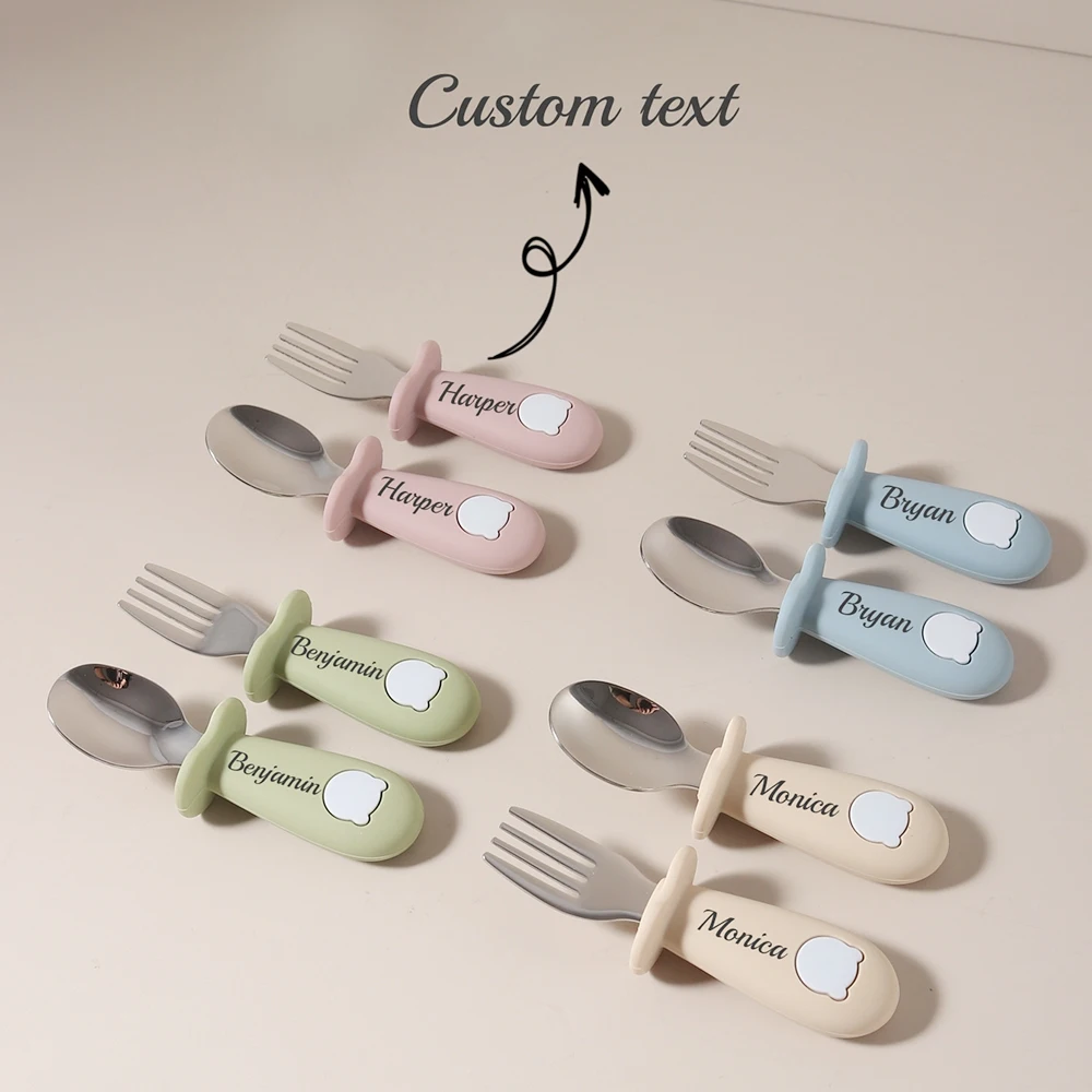 Custom Name Baby panda Spoon Fork Set | First Self Feeding Utensils for Toddlers  Stainless Steel Weaning Set with Travel case
