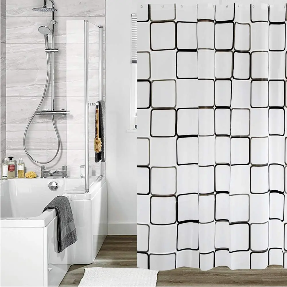 1pc Checked Waterproof Shower Curtain with Metal Grommets & Plastic Hooks, Semi-ransparent Plastic Bath Curtain for Bathroom thumbnail 6