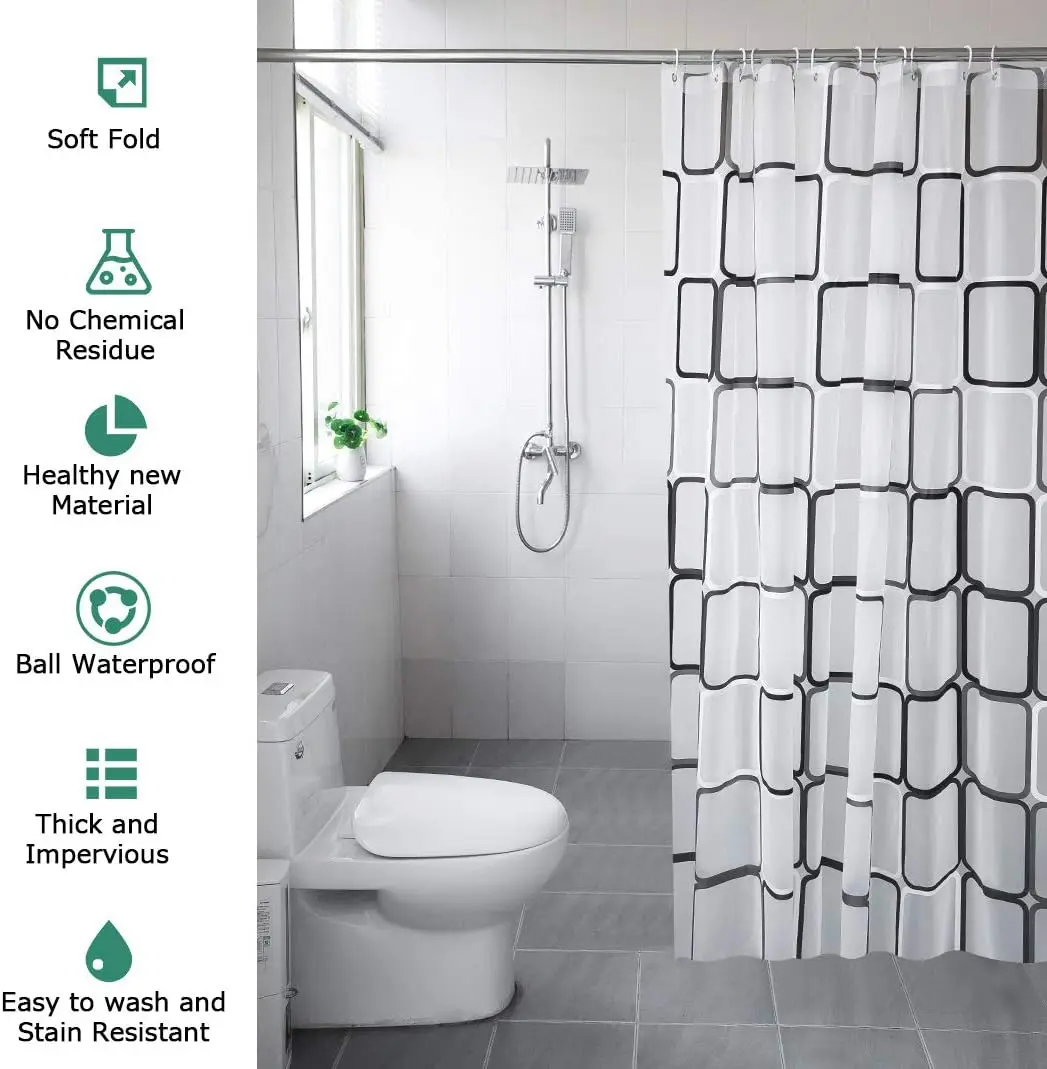 1pc Checked Waterproof Shower Curtain with Metal Grommets & Plastic Hooks, Semi-ransparent Plastic Bath Curtain for Bathroom thumbnail 5