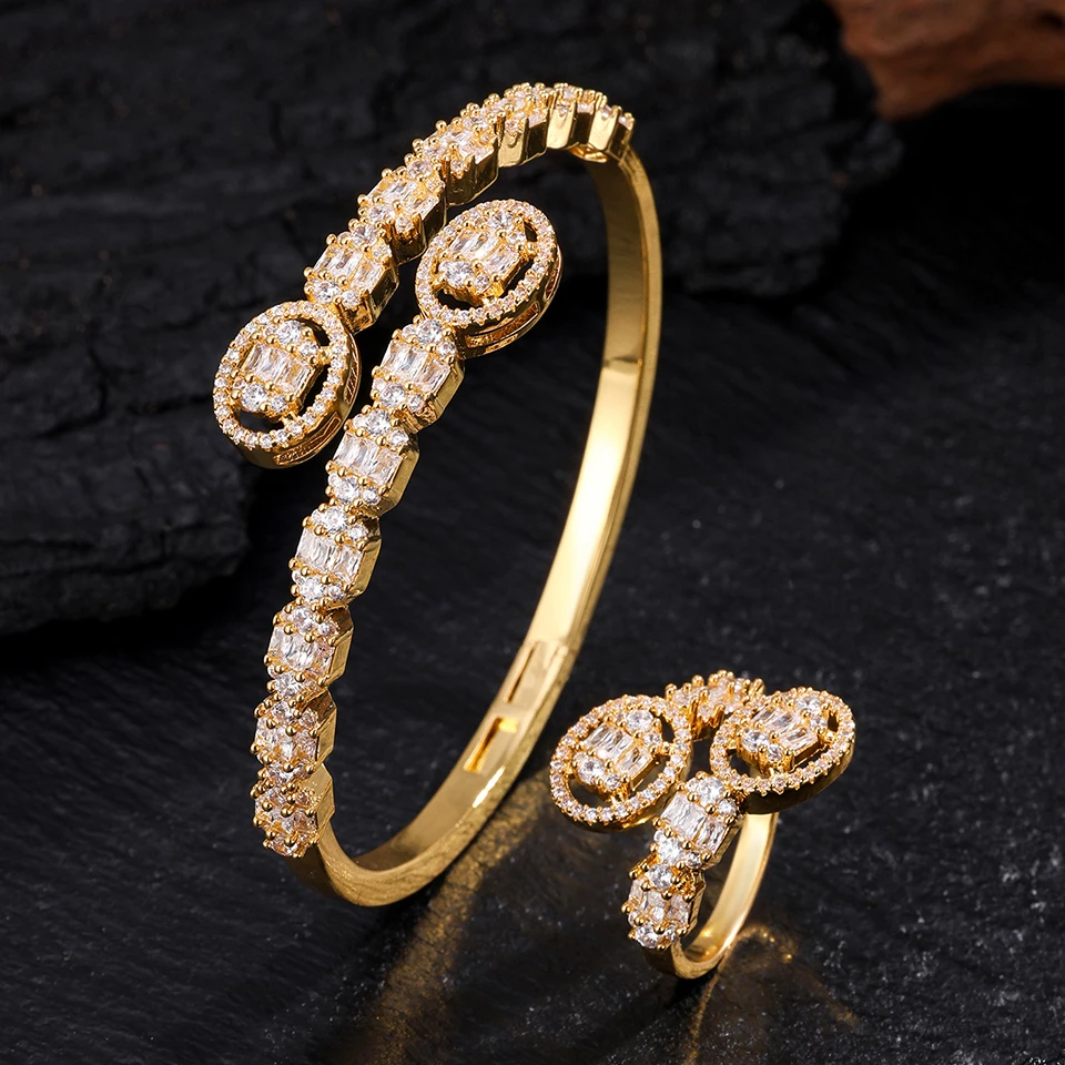 ZAKOL 9 Styles Golden Open Bracelet Ring Jewelry Set Geometric Shiny Zircon 18K Gold Plated Middle East Wedding Party Jewelry thumbnail 6
