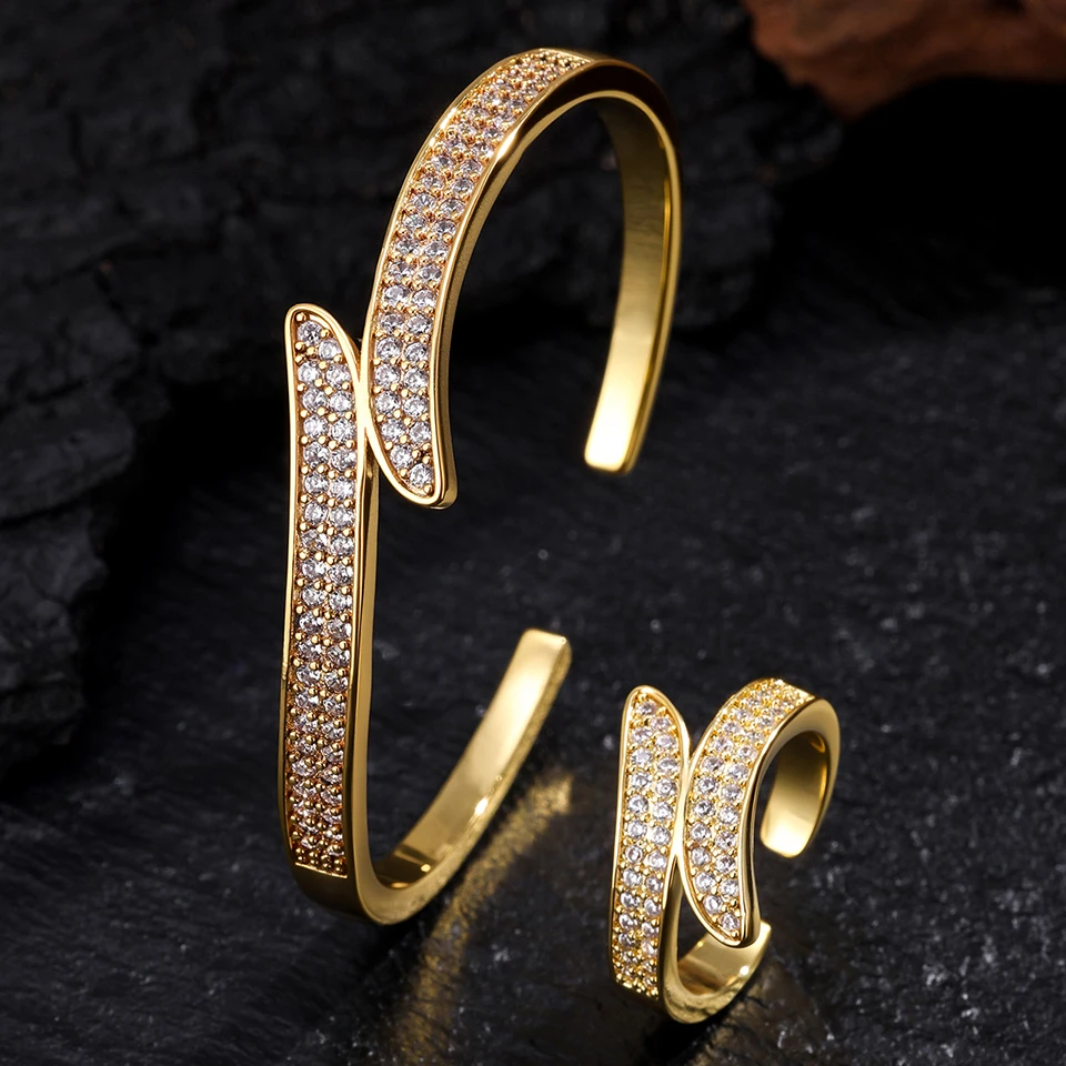 ZAKOL 9 Styles Golden Open Bracelet Ring Jewelry Set Geometric Shiny Zircon 18K Gold Plated Middle East Wedding Party Jewelry thumbnail 3