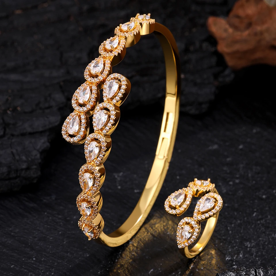 ZAKOL 9 Styles Golden Open Bracelet Ring Jewelry Set Geometric Shiny Zircon 18K Gold Plated Middle East Wedding Party Jewelry thumbnail 5