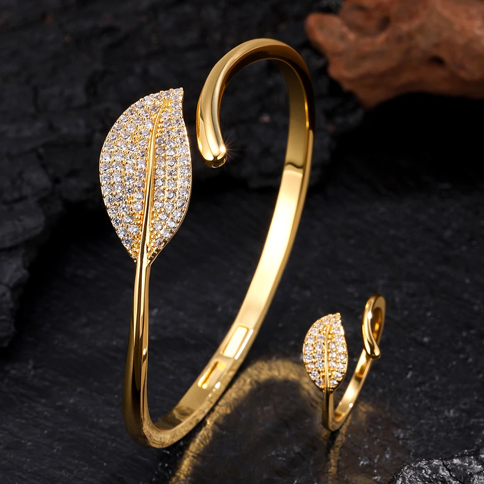 ZAKOL 9 Styles Golden Open Bracelet Ring Jewelry Set Geometric Shiny Zircon 18K Gold Plated Middle East Wedding Party Jewelry thumbnail 2