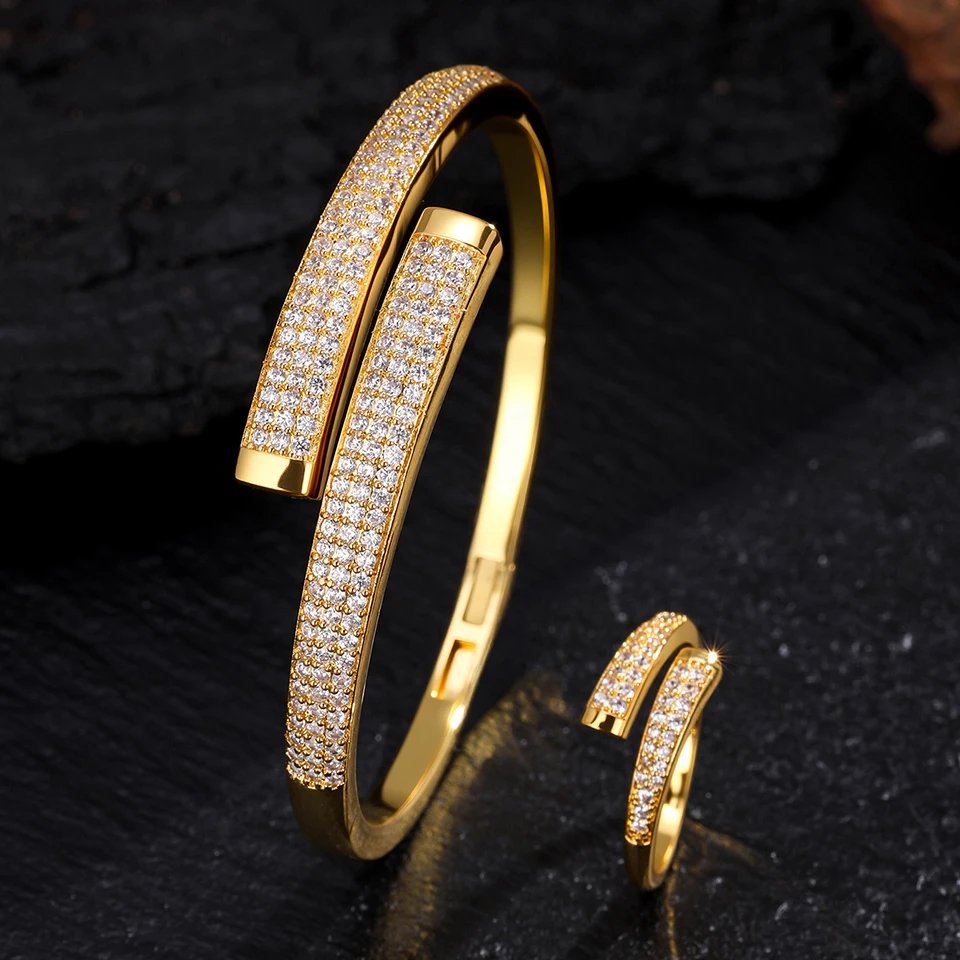 ZAKOL 9 Styles Golden Open Bracelet Ring Jewelry Set Geometric Shiny Zircon 18K Gold Plated Middle East Wedding Party Jewelry thumbnail 4