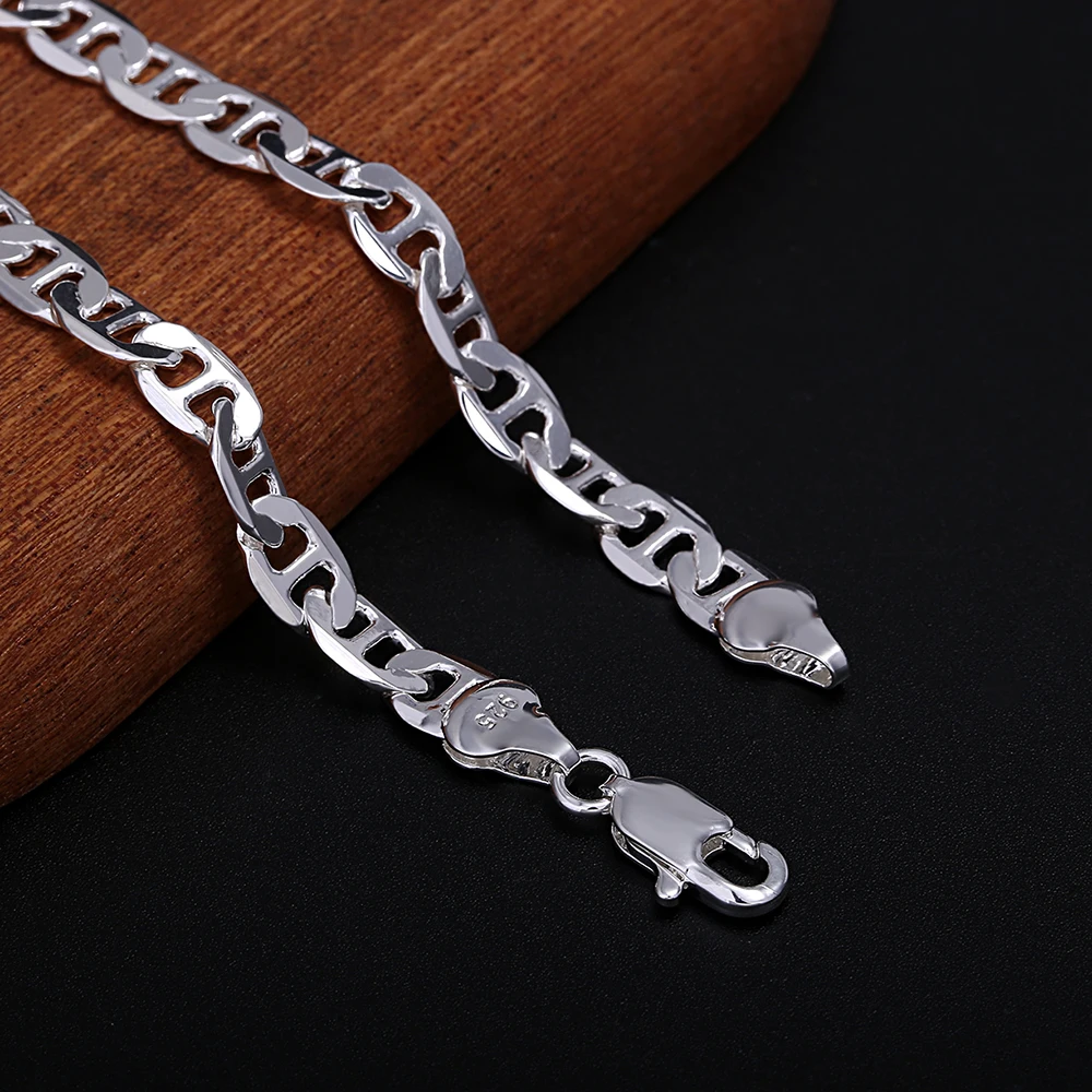 Fine 925 Sterling Silver Beautiful 6MM Lucky chain Necklace Bracelet set for Women Men fashion Wedding  Accessories Gifts thumbnail 3