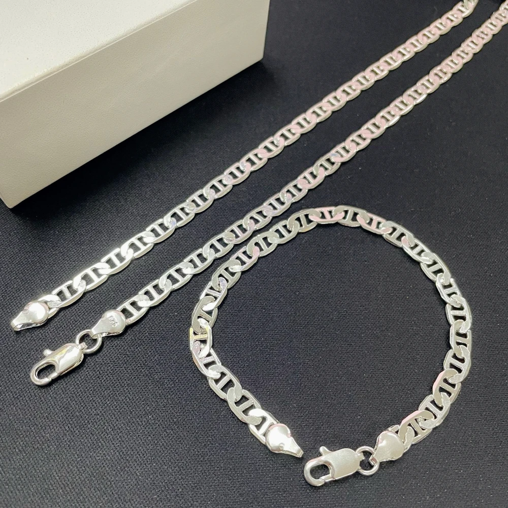 Fine 925 Sterling Silver Beautiful 6MM Lucky chain Necklace Bracelet set for Women Men fashion Wedding  Accessories Gifts