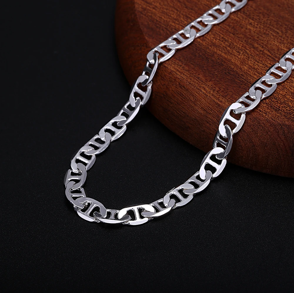 Fine 925 Sterling Silver Beautiful 6MM Lucky chain Necklace Bracelet set for Women Men fashion Wedding  Accessories Gifts thumbnail 6