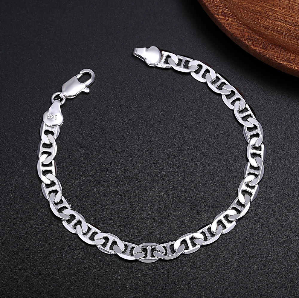Fine 925 Sterling Silver Beautiful 6MM Lucky chain Necklace Bracelet set for Women Men fashion Wedding  Accessories Gifts thumbnail 2