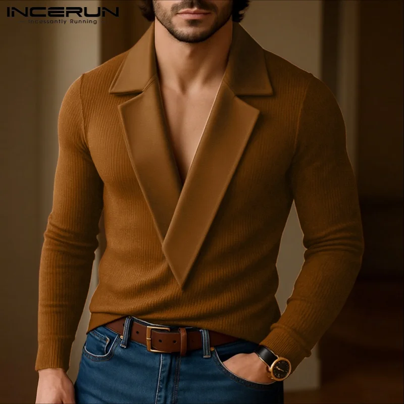 INCERUN Men Sweaters Patchwork Lapel Collar Long Sleeve Knitted Male Pullovers Streetwear 2025 Fashion Casual Men Clothing S-5XL thumbnail 3
