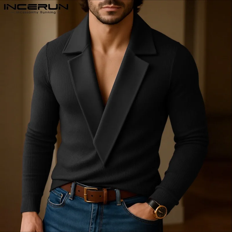 INCERUN Men Sweaters Patchwork Lapel Collar Long Sleeve Knitted Male Pullovers Streetwear 2025 Fashion Casual Men Clothing S-5XL thumbnail 2