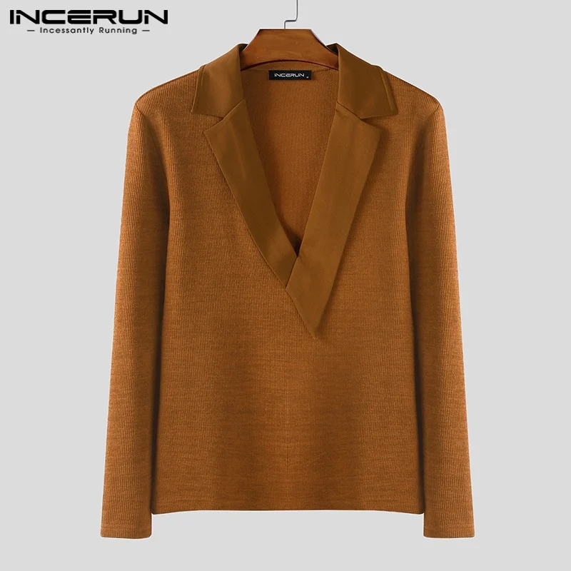 INCERUN Men Sweaters Patchwork Lapel Collar Long Sleeve Knitted Male Pullovers Streetwear 2025 Fashion Casual Men Clothing S-5XL thumbnail 4