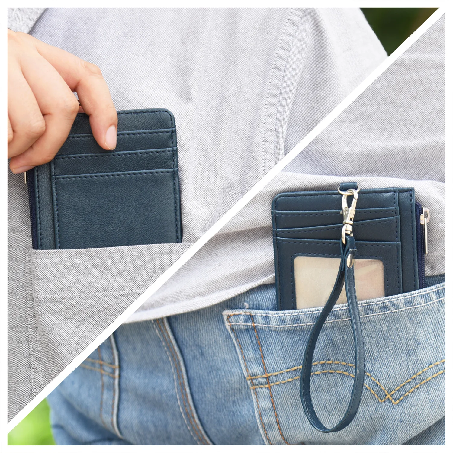 Luxury PU Leather Multiple Cards Credit ID Zippered Card Holder Zipper Purse Coin Key Pocket Keychain With Hand Strap Lanyard thumbnail 2