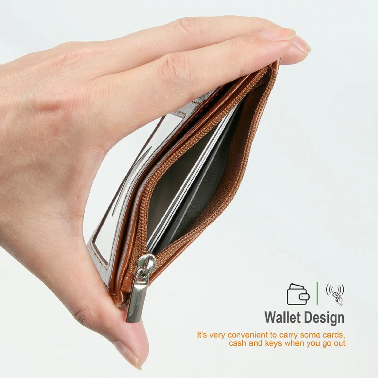 Luxury PU Leather Multiple Cards Credit ID Zippered Card Holder Zipper Purse Coin Key Pocket Keychain With Hand Strap Lanyard thumbnail 5