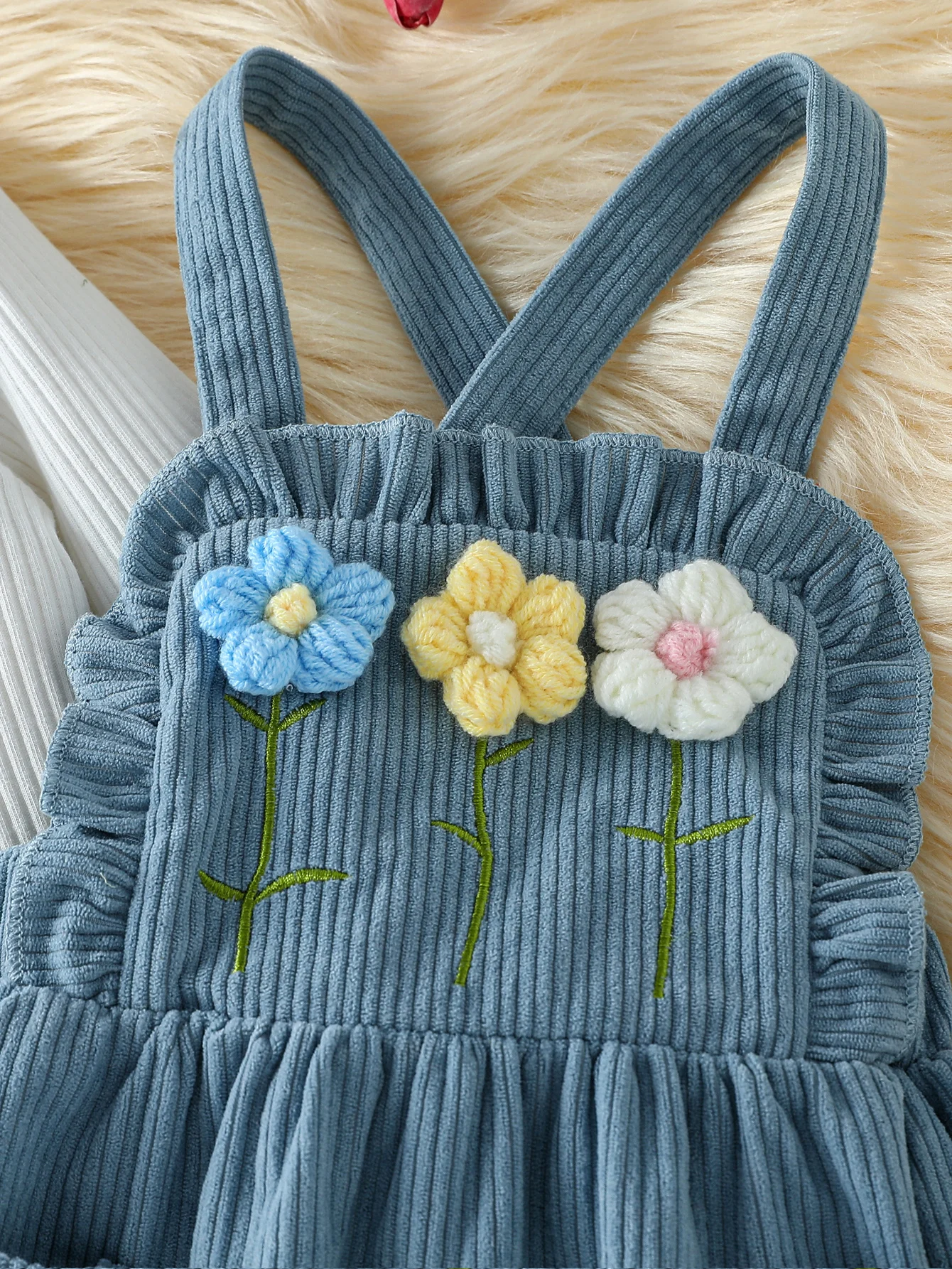 Baby Girls Autumn Outfit Long Sleeves Rompers and Crochet Flowers Suspender Skirt 3 Piece Cute Casual Clothes Set +Headband thumbnail 6