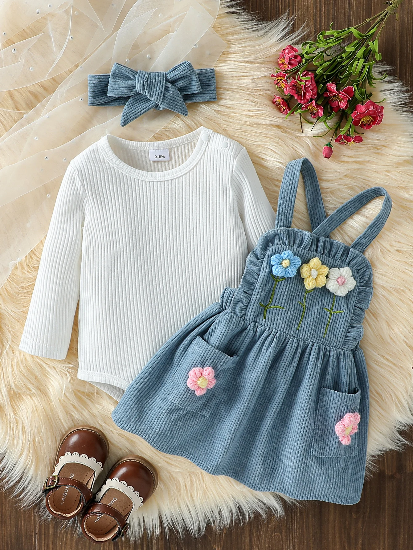Baby Girls Autumn Outfit Long Sleeves Rompers and Crochet Flowers Suspender Skirt 3 Piece Cute Casual Clothes Set +Headband thumbnail 2
