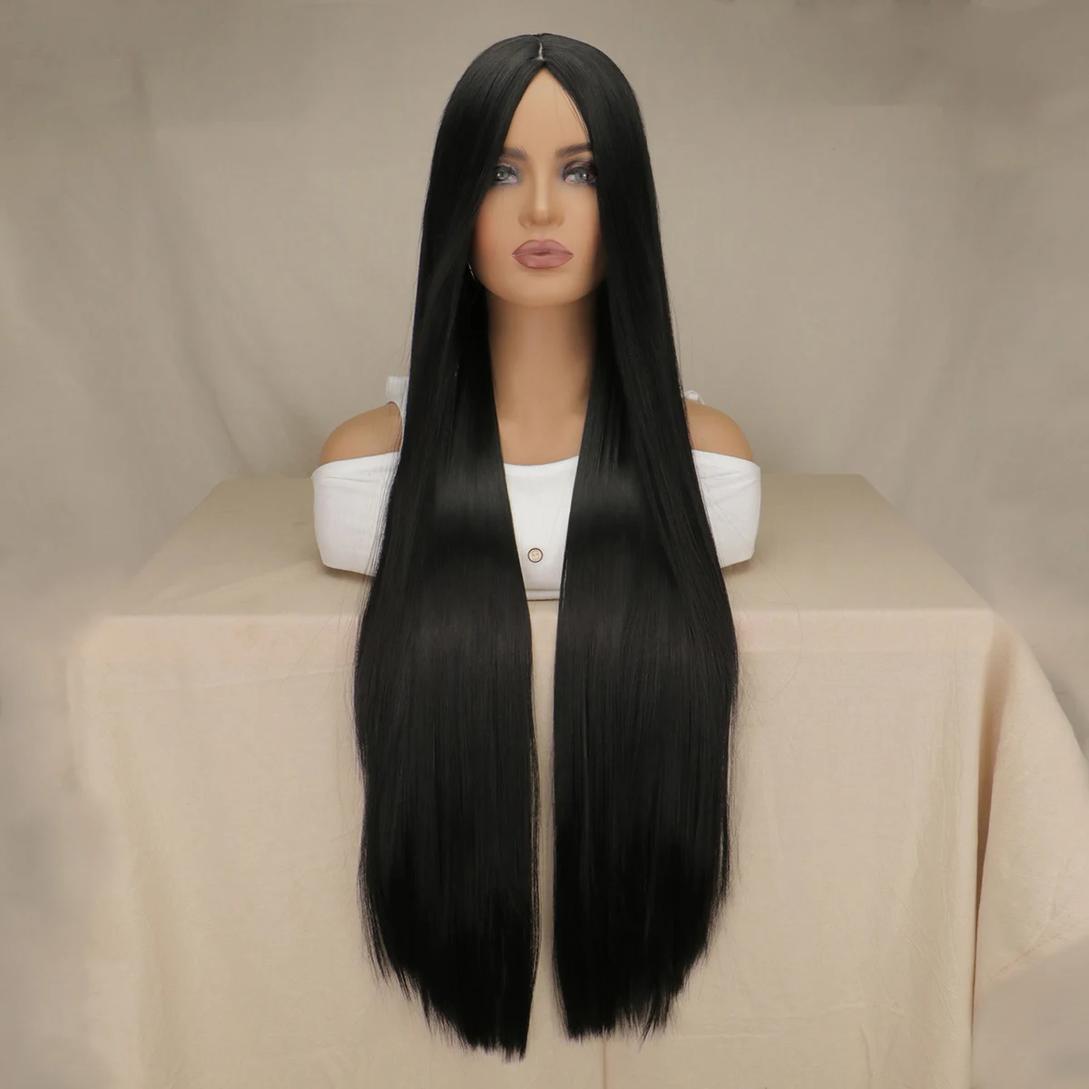 QQXCAIW Cosplay 100cm Long Stright Natrual Black Synthetic Hair Wigs Halloween Anime Costume Straight Heat Resistant Wig Black thumbnail 2