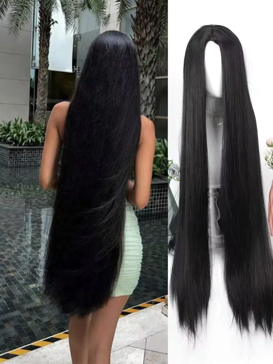 QQXCAIW Cosplay 100cm Long Stright Natrual Black Synthetic Hair Wigs Halloween Anime Costume Straight Heat Resistant Wig Black