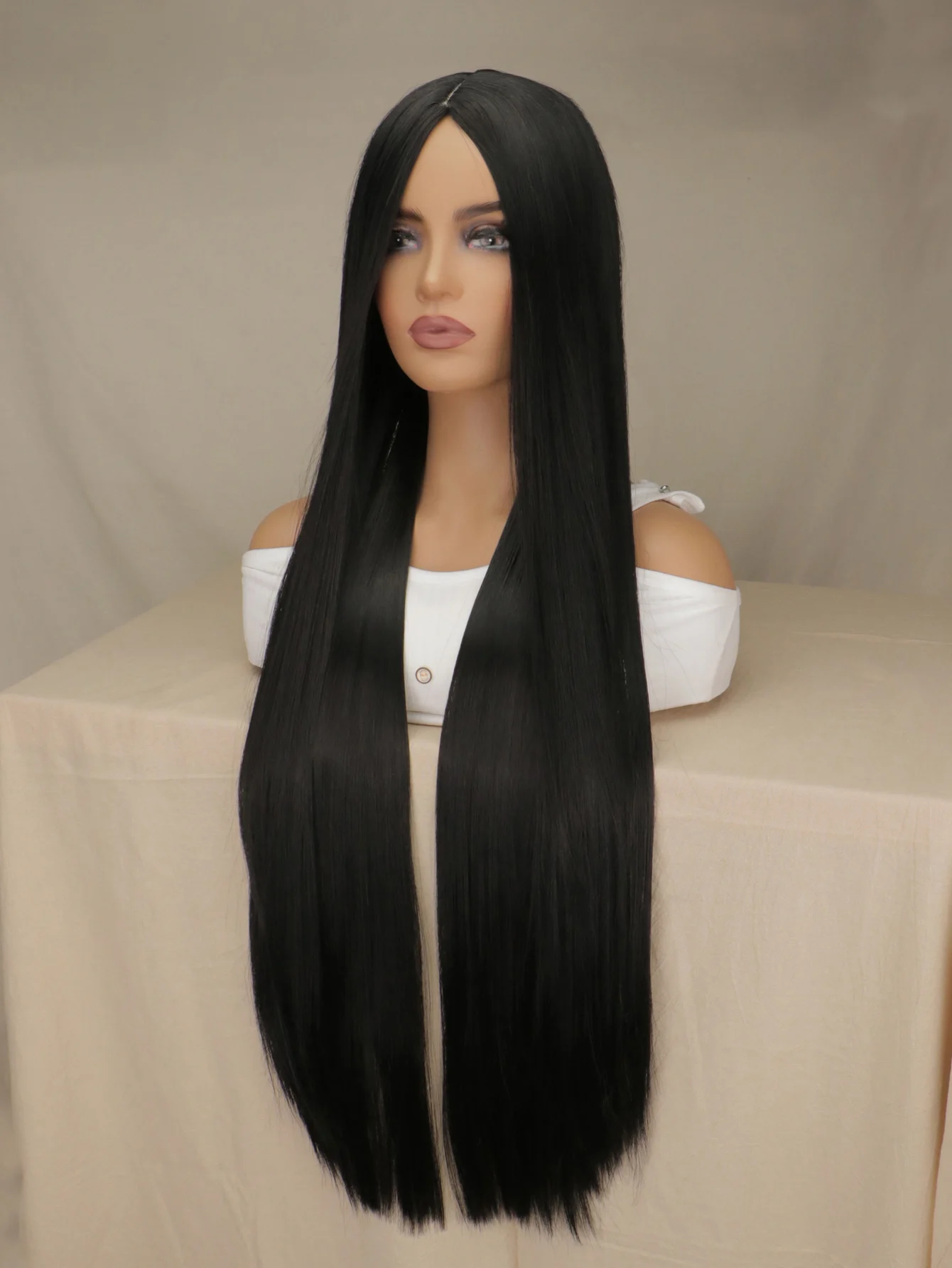 QQXCAIW Cosplay 100cm Long Stright Natrual Black Synthetic Hair Wigs Halloween Anime Costume Straight Heat Resistant Wig Black thumbnail 5