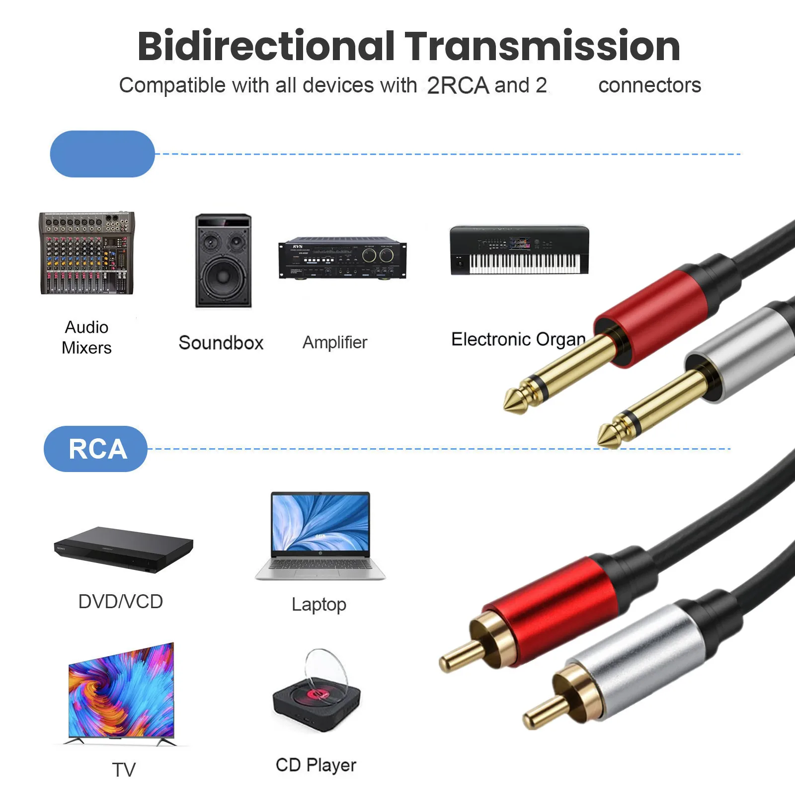 Dual 1/4 inch TS to Dual RCA Stereo Audio Interconnect Cable Gold Plated Copper Shell Heavy Duty 2X 6.35mm Male TS to 2 RCA Male thumbnail 4