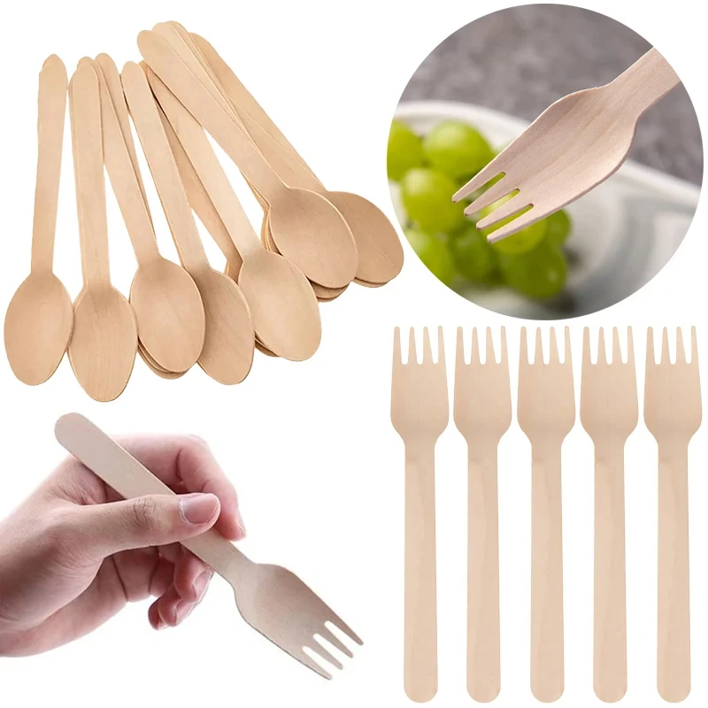 50/100PCS Pack 16cm Disposable Wooden Cutlery Set Fork Spoon Tableware for Party Camping Picnic Wedding Travel Kitchen Supplies