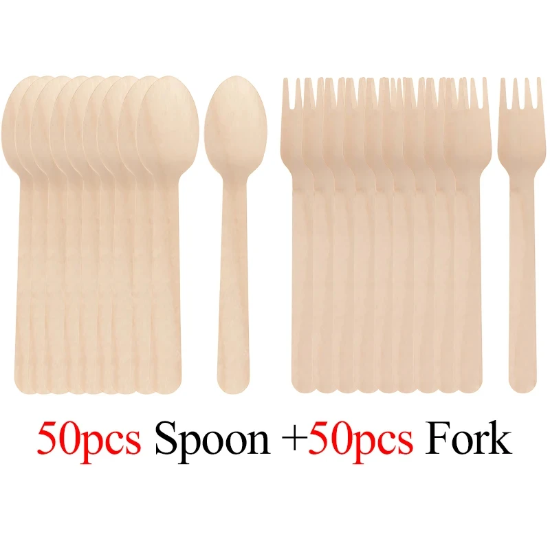 50/100PCS Pack 16cm Disposable Wooden Cutlery Set Fork Spoon Tableware for Party Camping Picnic Wedding Travel Kitchen Supplies thumbnail 6