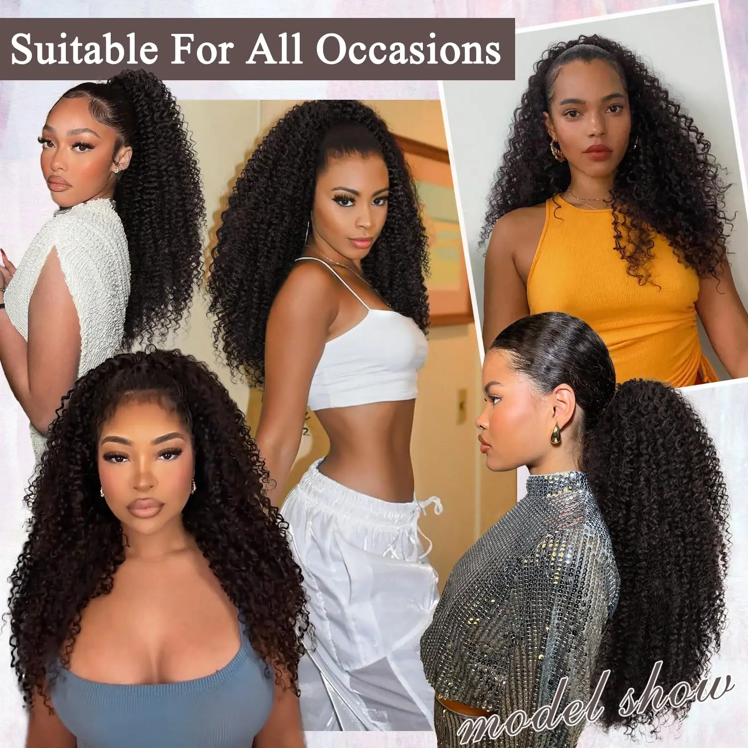 24Inch Kinky Curly Ponytail Soft Synthetic Hair Extension Drawstring Ponytail Hairpieces Black Clip in Pony Tail for Women thumbnail 6