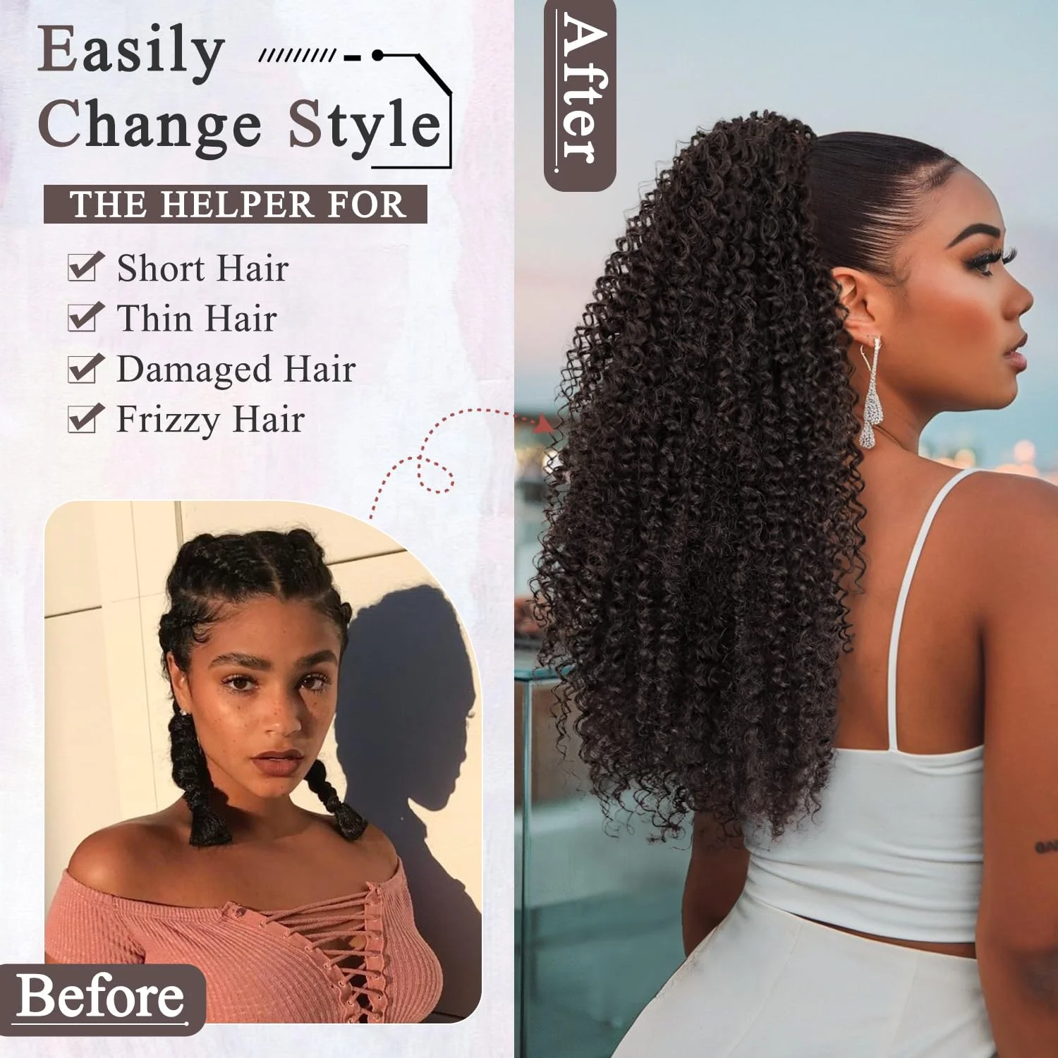 24Inch Kinky Curly Ponytail Soft Synthetic Hair Extension Drawstring Ponytail Hairpieces Black Clip in Pony Tail for Women thumbnail 5