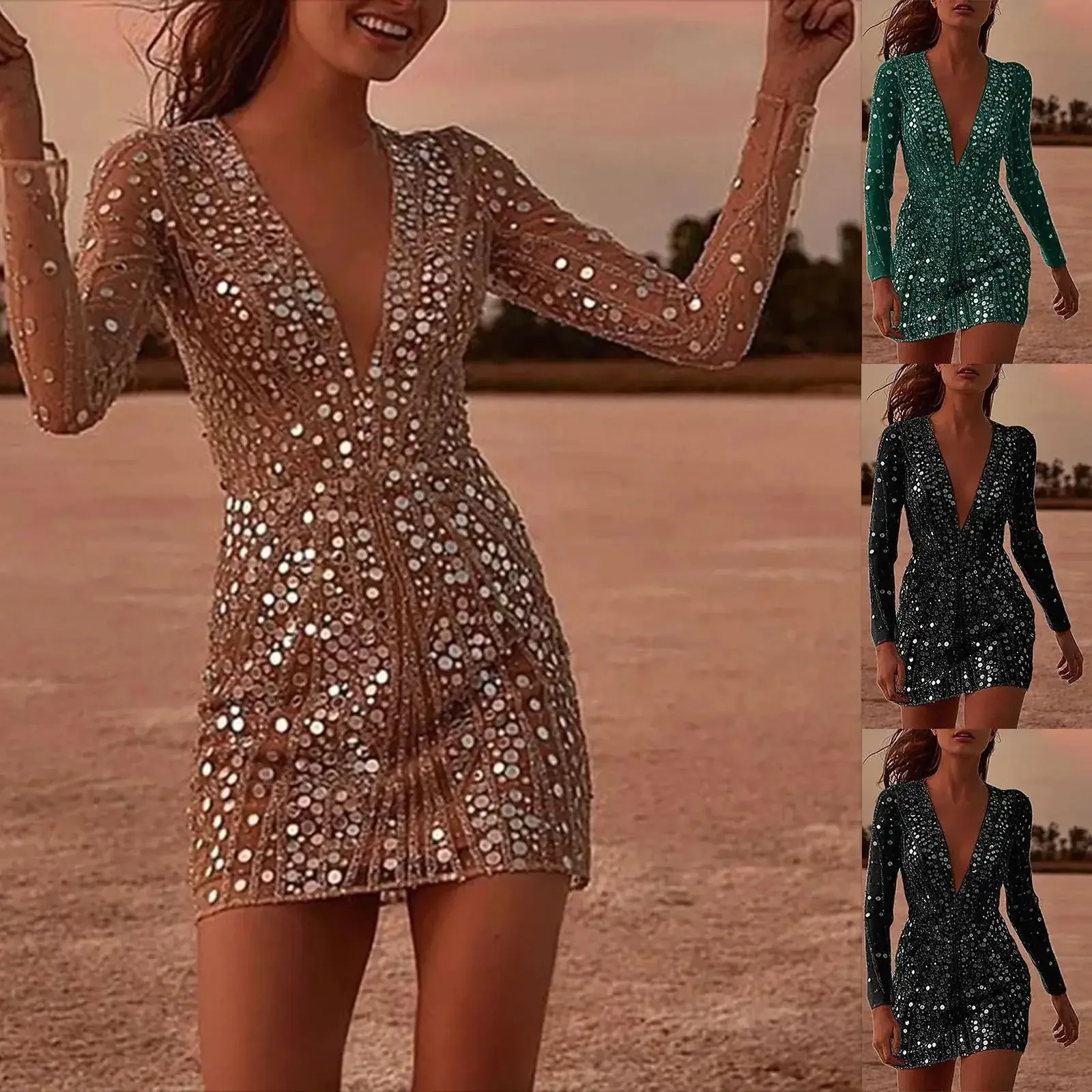 2024 Sexy Deep V Transparent Sequins Wrap Around Dress Long Sleeves Evening Dress Cross Border Women's Clothing Spring Arrival