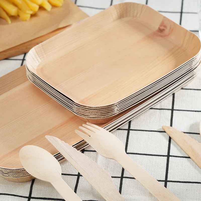 10/20pcs Disposable Rectangle Wood Plates Paper Tray Tableware Desserts Bread Salad Dinner Party Table Accessorie Container thumbnail 2