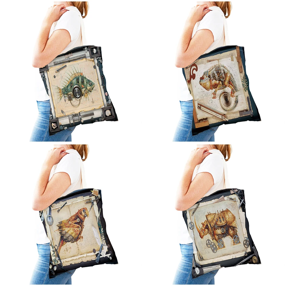 Steampunk-style mechanical animal double-sided supermarket shopping bag, industrial retro style handbag, women's casual bag thumbnail 6
